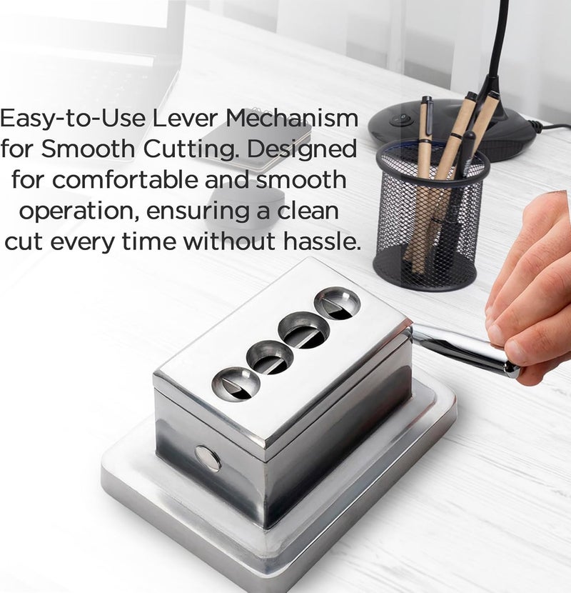 Cigar Essentials Oasis Classic Desktop Quad Cutter - Straight or V-Cut for 52-60 Ring Gauge - Table Top Cutter - Your Cut Buddy Tool - Aluminum, Stainless Steel - 6"L x 4.25"W - Silver - Image 5